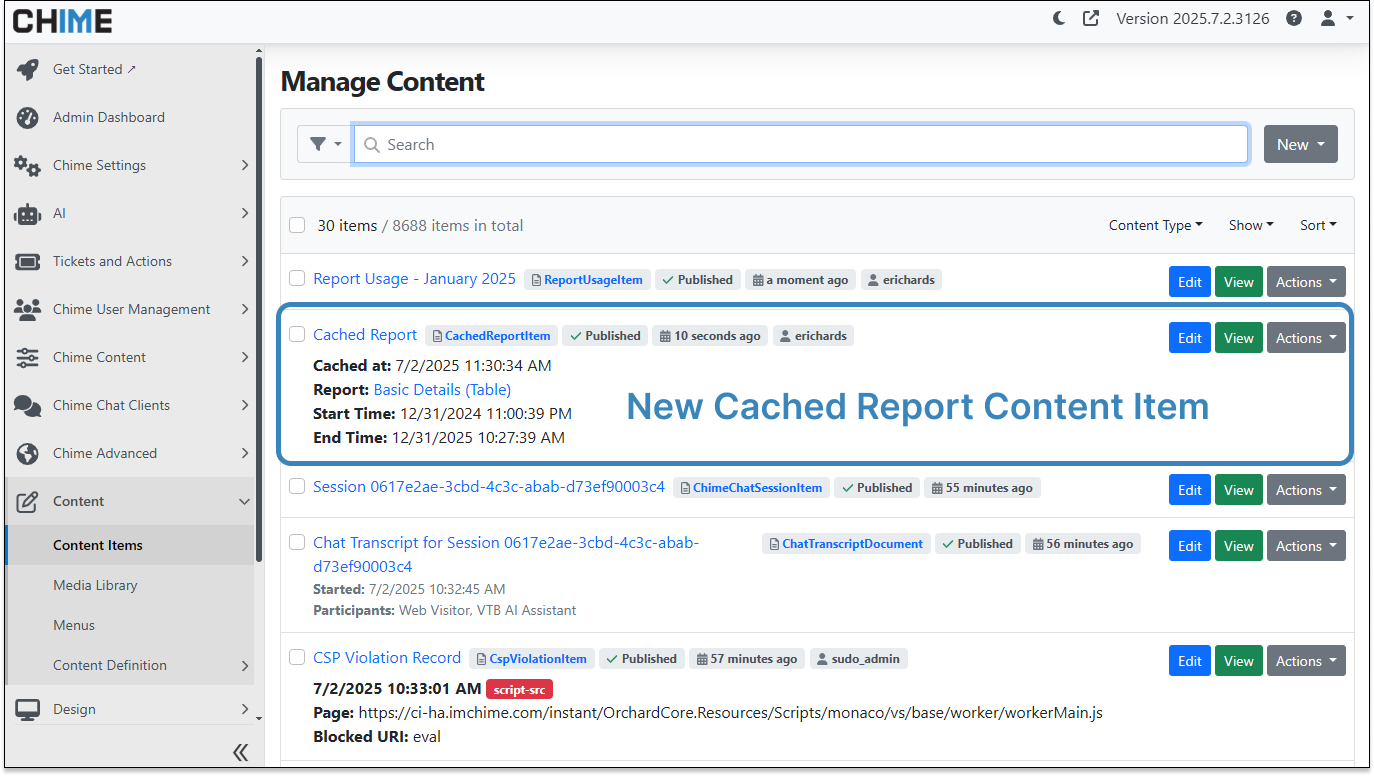 Admin Content Items - Cached Report Item