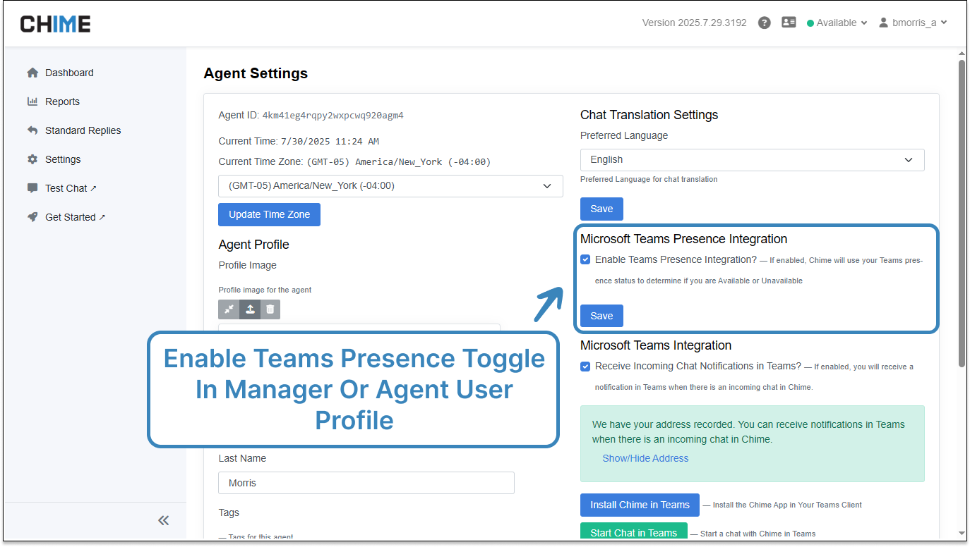 Agent Settings - Microsoft Teams Presence Toggle