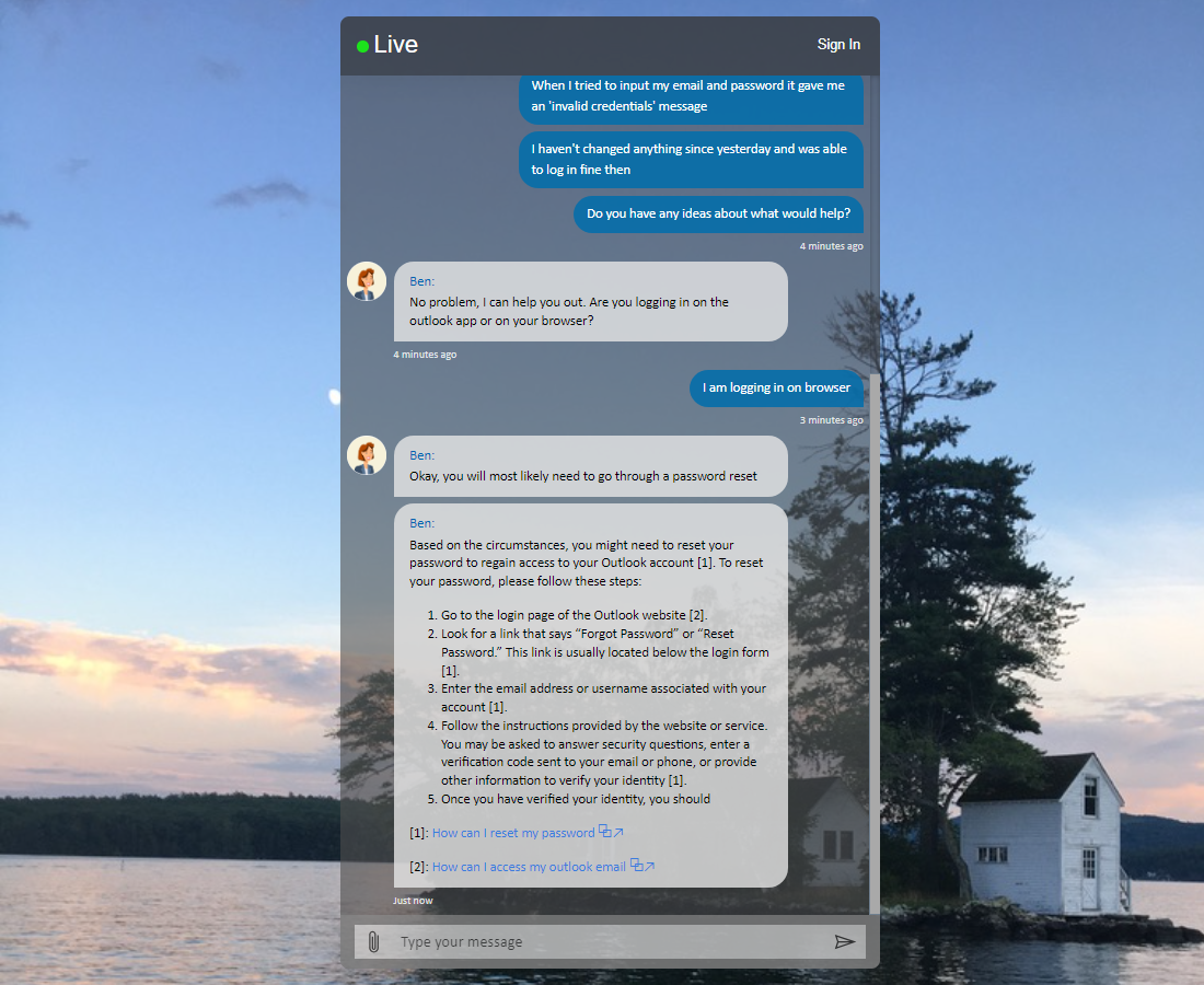 Receive AI generated replies as an incoming service desk support user