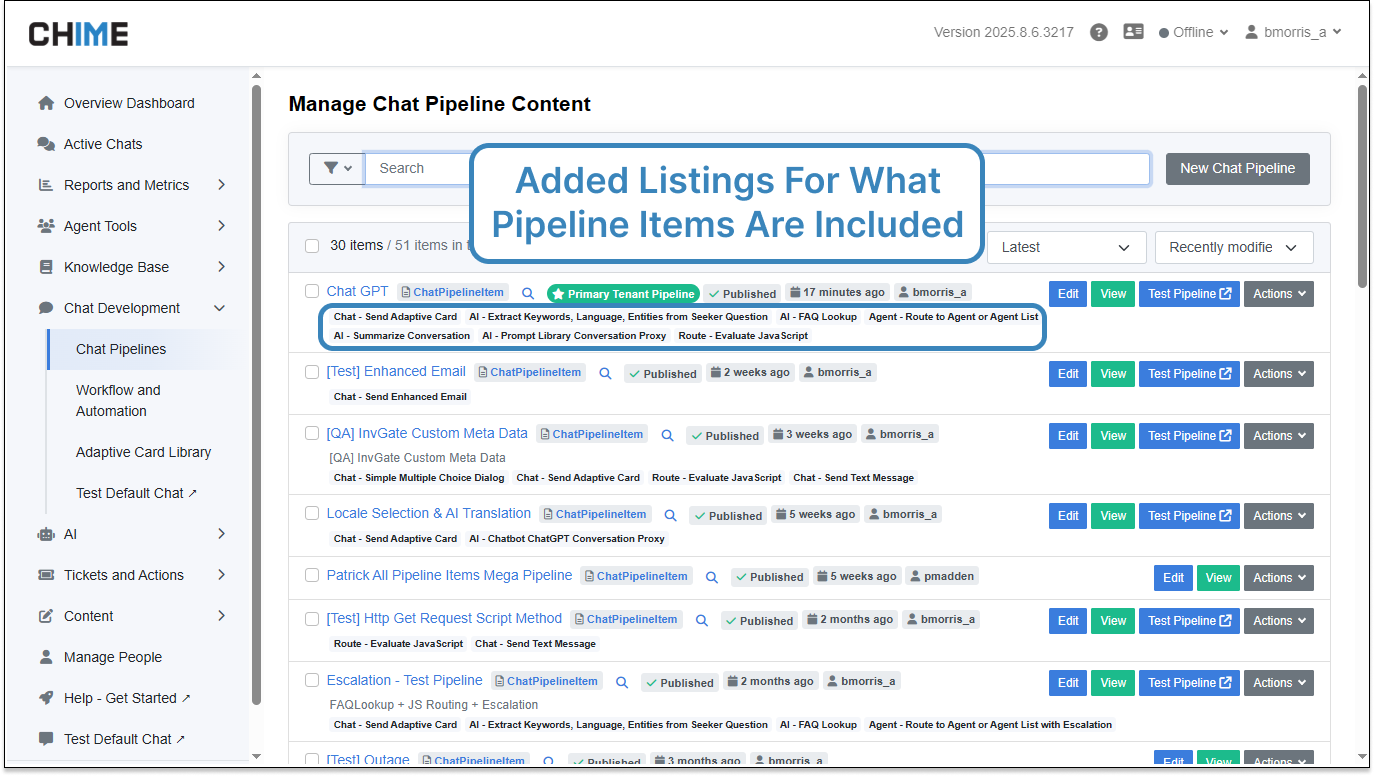 Chat Pipelines - Pipeline Item Listings