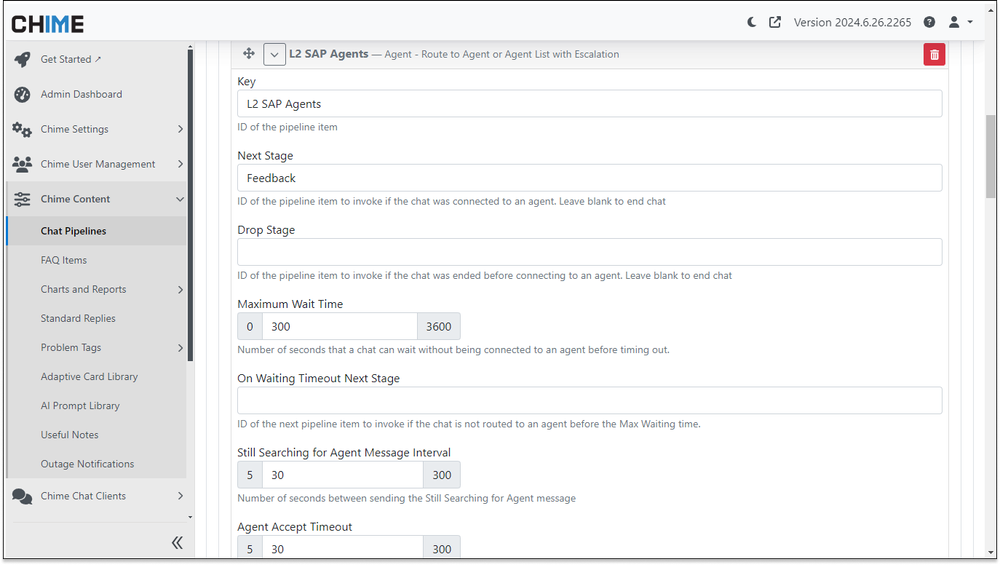 Ensure the feature is enabled: ChimeV5.Pipeline.ConnectToAgentWithEscalation