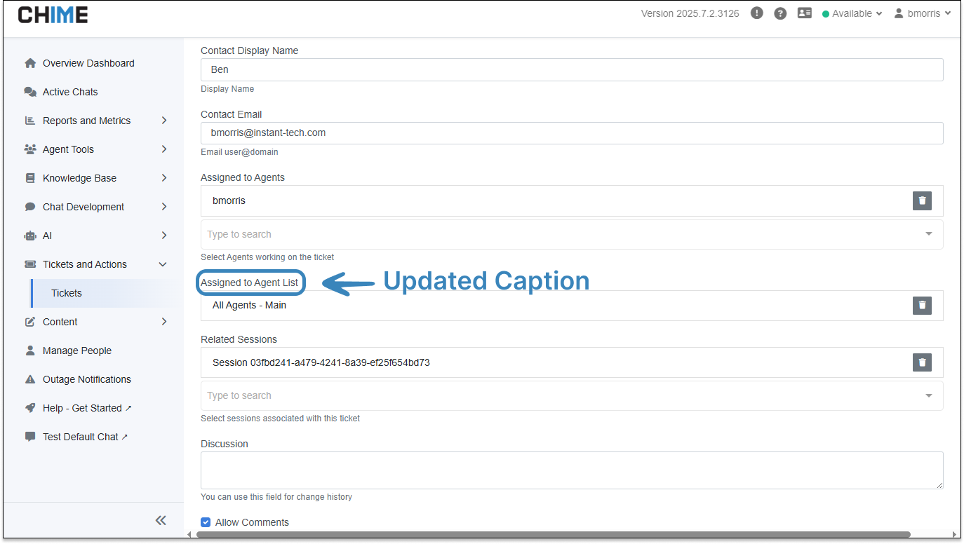 Instant Ticket - Assigned to Agent List Caption Update