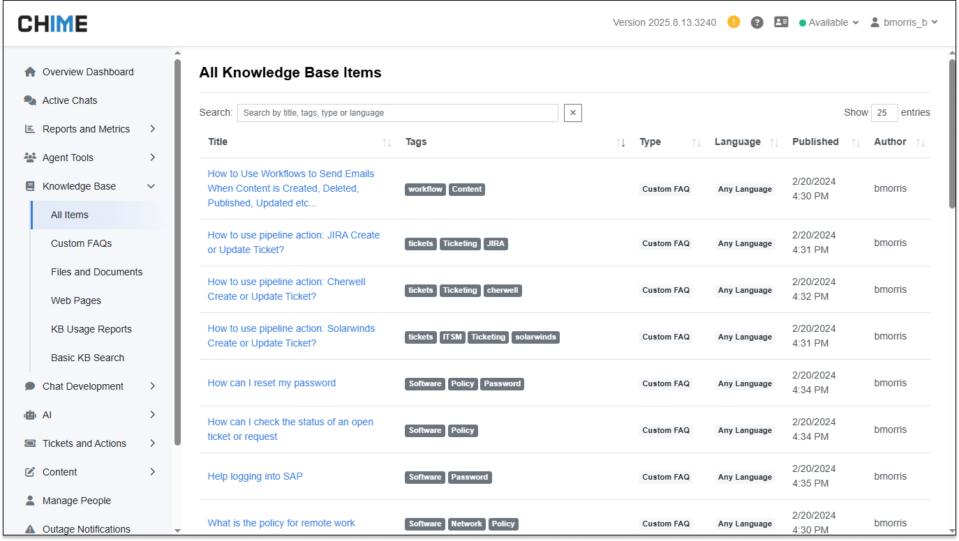 Knowledge Base - All Items Page