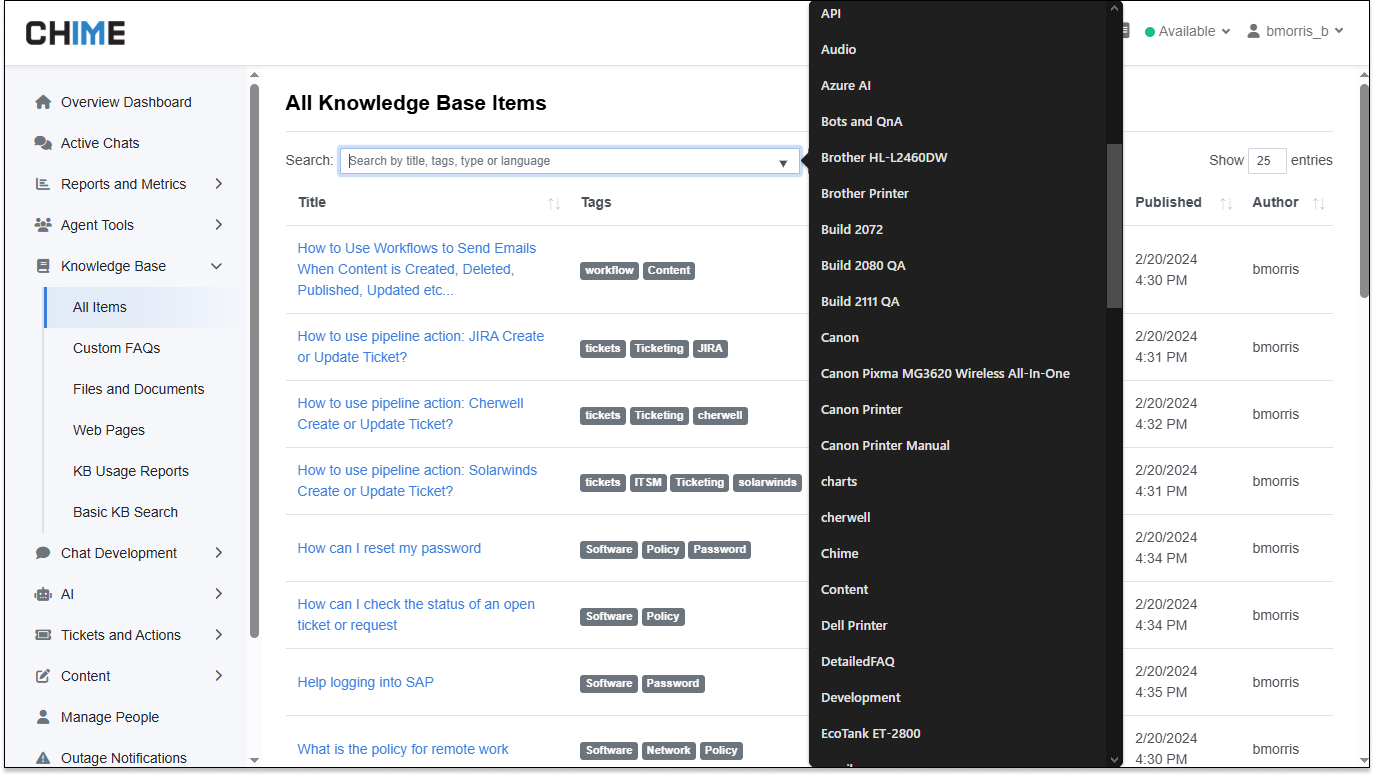 Knowledge Base All Items Page - Search Options