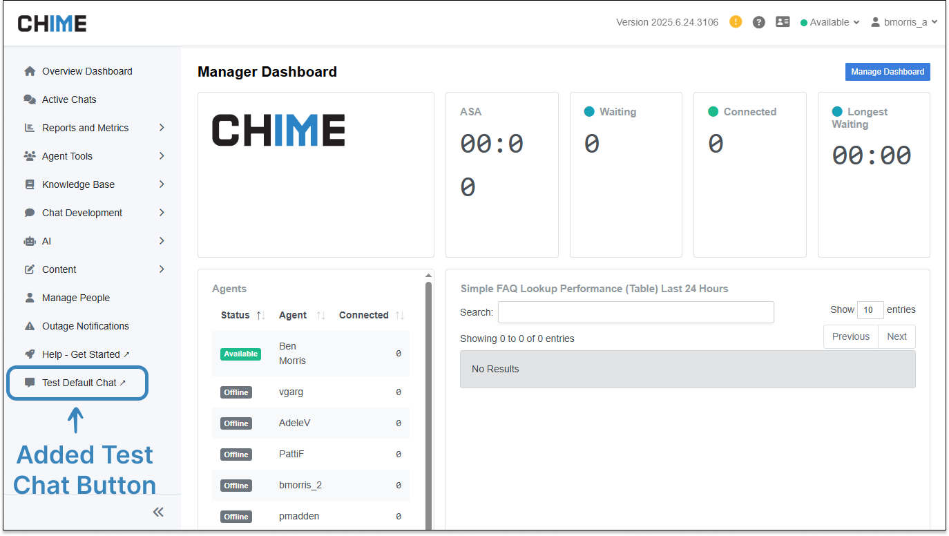 Manager Dashboard - Test Default Chat Button