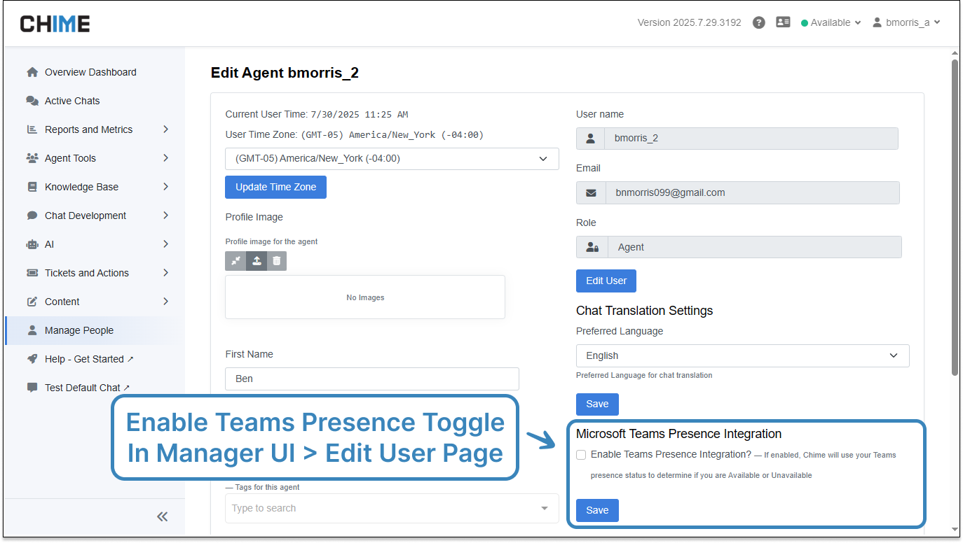 Manager Manage People - Edit User Teams Presence Toggle