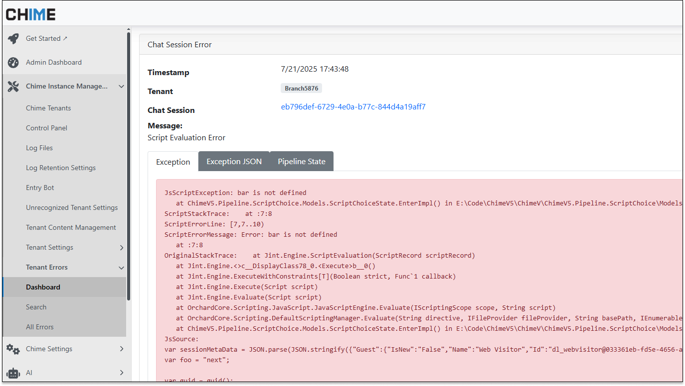 Root Tenant - Error Exception Details