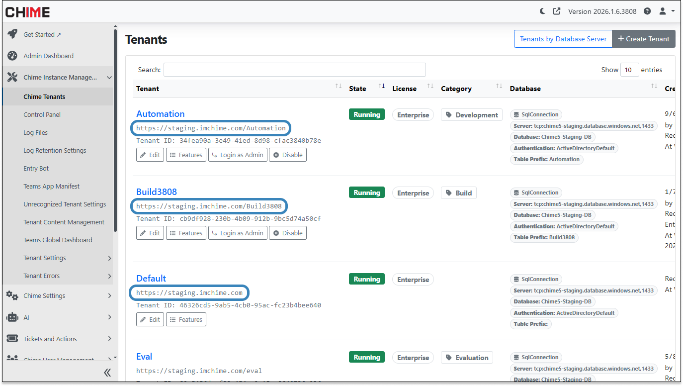 Tenant List - Tenant URLs