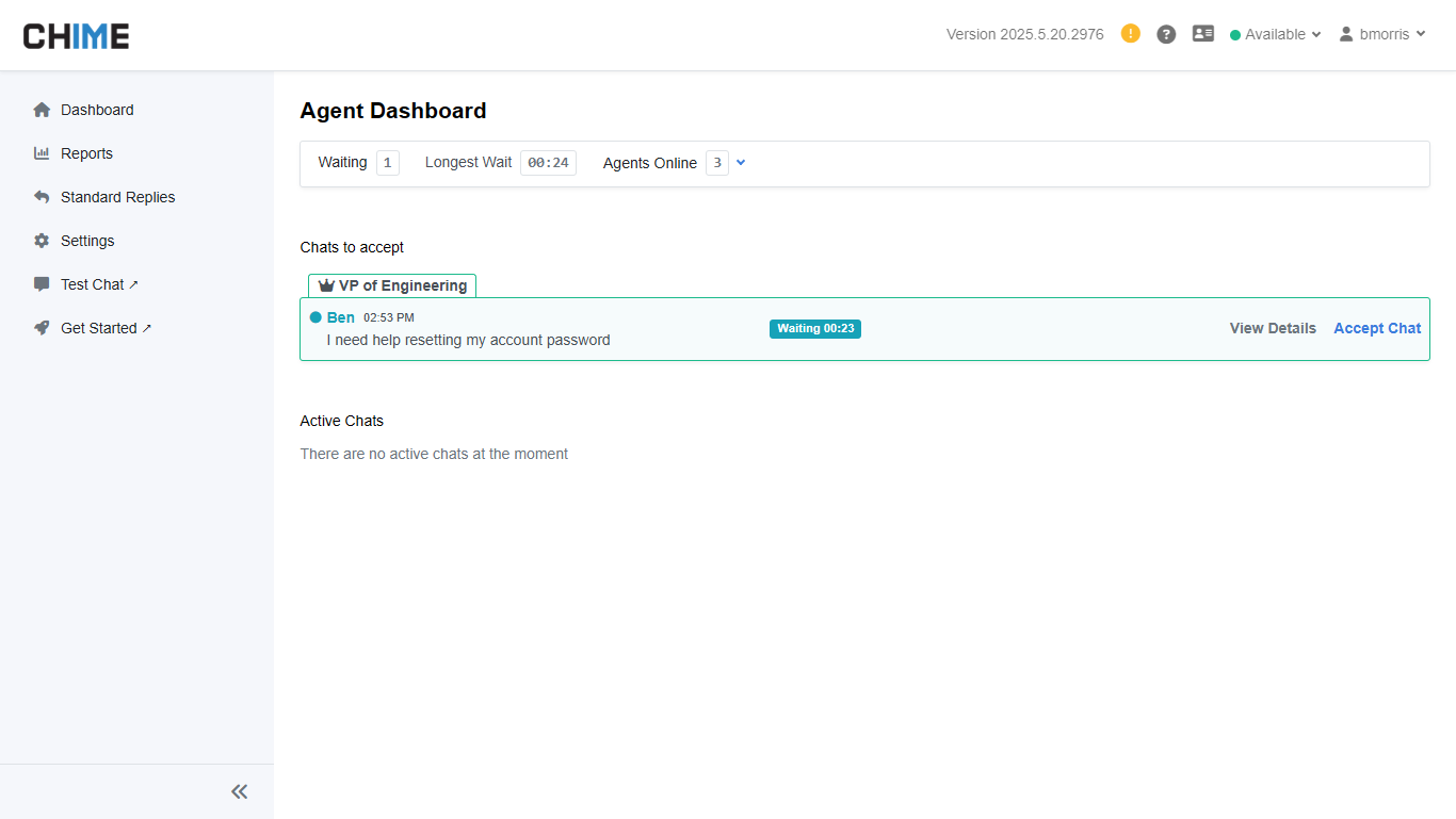 Agent Dashboard - VIP Chat Waiting