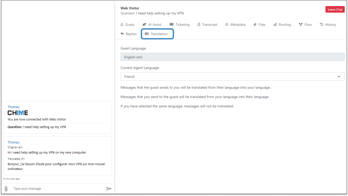 Language translation for chat service desk