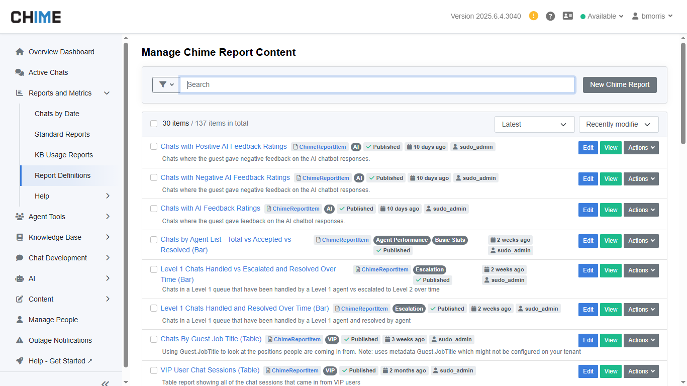 Report Definitions Page